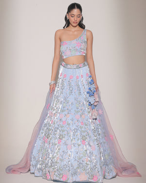 Floral Secrets Cerulean Cutdana Lehenga