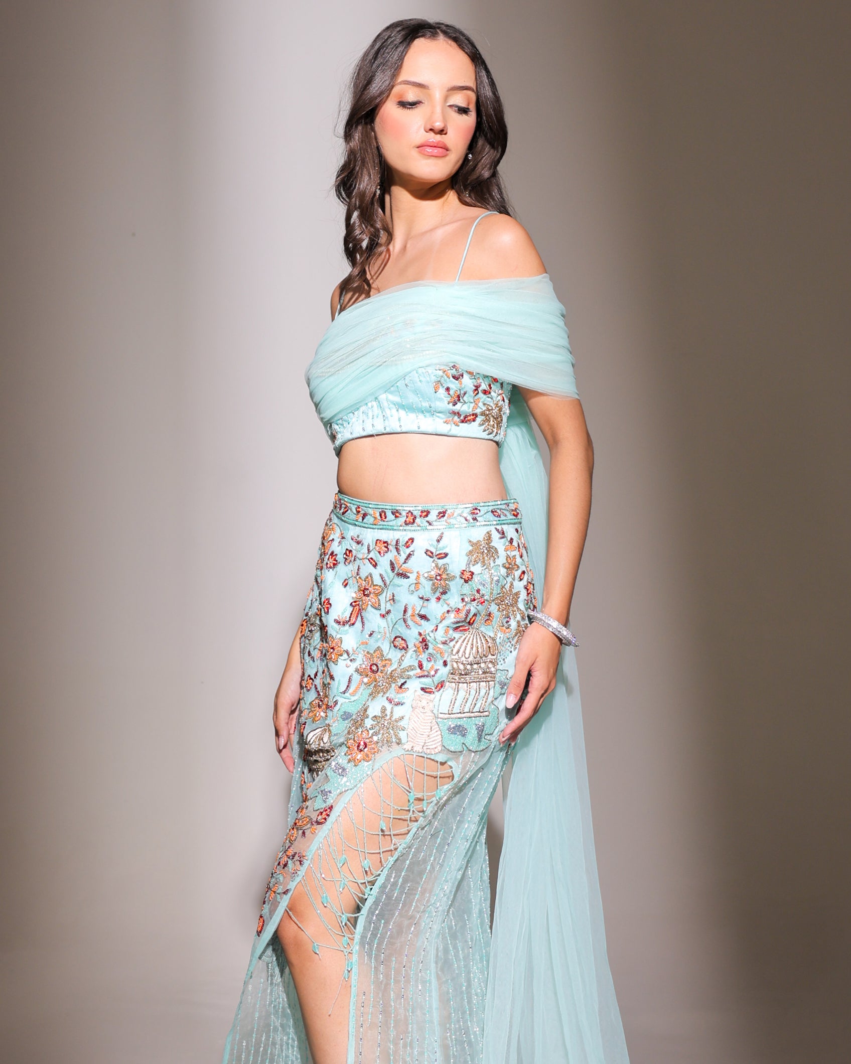 Wildflower Aqua Slit Skirt Set