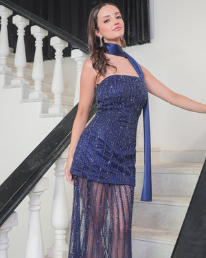 Bling It On Midnight Blue Sheer Skirt Set
