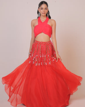 Knot Sorry Scarlet Colorblock Lehenga
